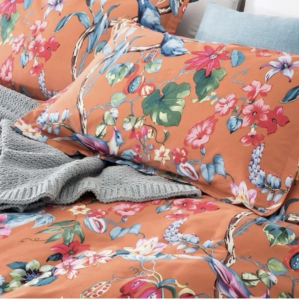 Eikei Botanical Garden Brushed Duvet Bedding Set Tropical Orange Floral Queen